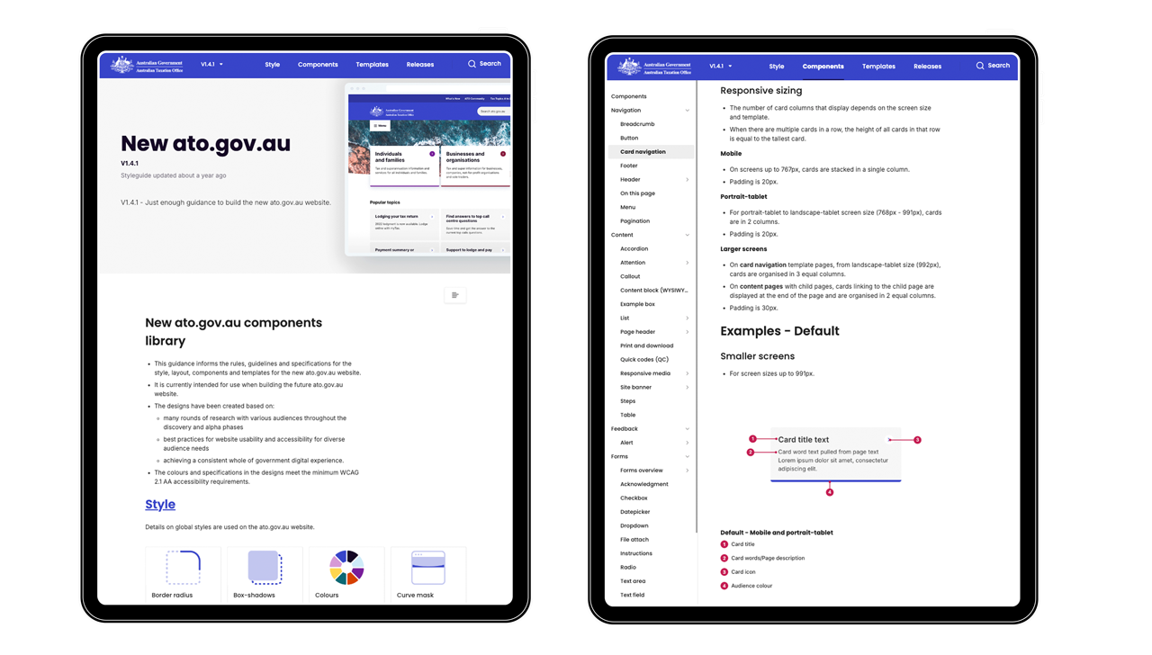 Two ipad mockup screens showing the end ato.gov.au design system on Zeroheight.