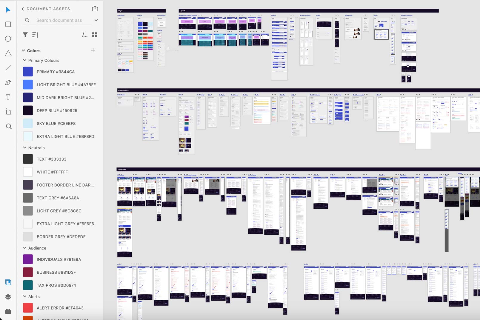 The Adobe XD working design system board for ato.gov.au showing many styles, boards, components.