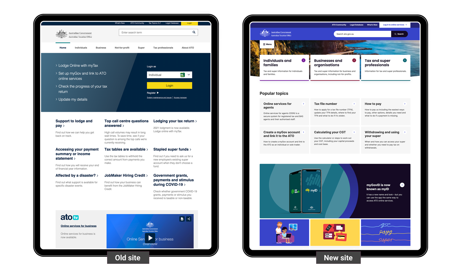 ATO website mockups showing old and new versions of the home page design