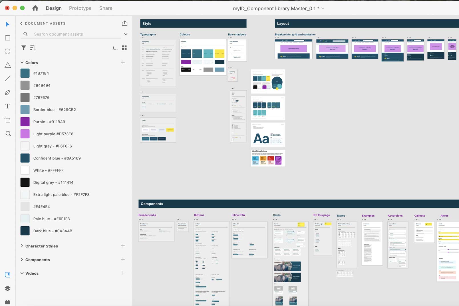 Screenshot of the myID brand and component library file in Adobe XD