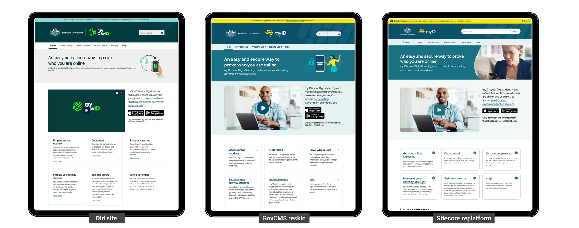 myID website mockup showing old and new home page designs